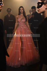 Sexy Long A-line Pink Sleeveless One-Shoulder Tulle Prom Dresses With Rhinestone