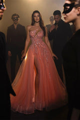 Sexy Long A-line Pink Sleeveless One-Shoulder Tulle Prom Dresses With Rhinestone