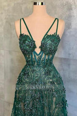Sexy Long A-line V-Neck Spaghetti Straps Green Prom Dress With Lace