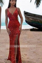 Sexy Long Glitter Red Sleeveless Mermaid Evening Dress With Slit