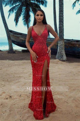 Sexy Long Glitter Red Sleeveless Mermaid Evening Dress With Slit