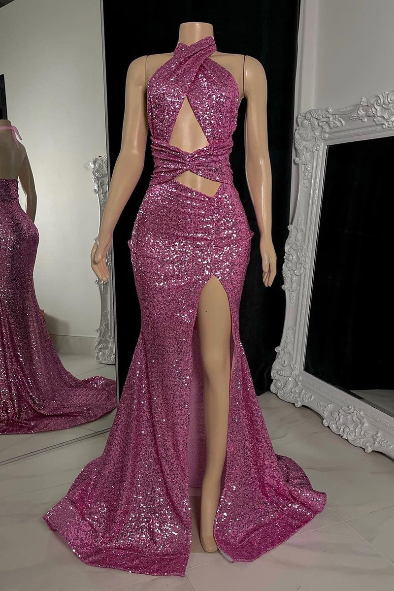 Sexy Long Mermaid High Neck Sequined Sleeveless Prom Dress With Slit