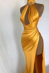 Sexy Long Mermaid High Neck Sleeveless Prom Dress With Slit
