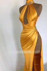 Sexy Long Mermaid High Neck Sleeveless Prom Dress With Slit