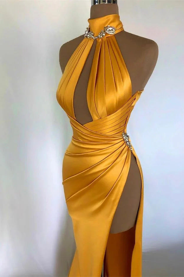 Sexy Long Mermaid High Neck Sleeveless Prom Dress With Slit