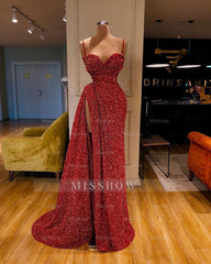 Sexy Long Mermaid Spaghetti Straps Sequins Prom Dress With Slit