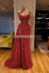 Sexy Long Mermaid Spaghetti Straps Sequins Prom Dress With Slit