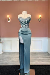 Sexy Long Mermaid Strapless Sequined Beading Prom Dress With Slit