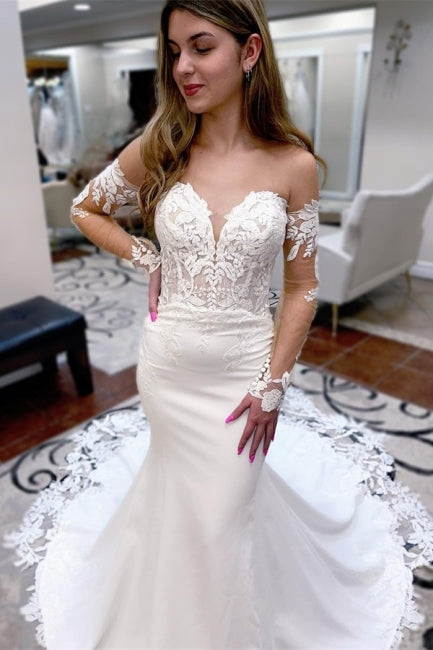 Sexy Long Mermaid Sweetheart Lace Wedding Dresses With Long Sleeves