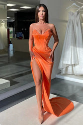 Sexy Long Orange V-neck Sequined Sleeveless Prom Dress With Slit
