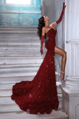 Sexy Long Red Glitter V-neck Sleeveless Sequined Mermaid Evening Dresses With Slit