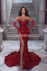 Sexy Long Red Glitter V-neck Sleeveless Sequined Mermaid Evening Dresses With Slit