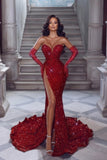 Sexy Long Red Glitter V-neck Sleeveless Sequined Mermaid Evening Dresses With Slit