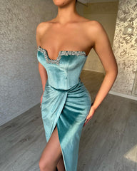 Sexy Long Strapless Crystal Split Front Velvet Prom Dress