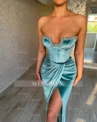 Sexy Long Strapless Crystal Split Front Velvet Prom Dress