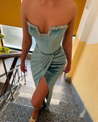 Sexy Long Strapless Crystal Split Front Velvet Prom Dress