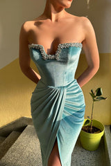 Sexy Long Strapless Crystal Split Front Velvet Prom Dress
