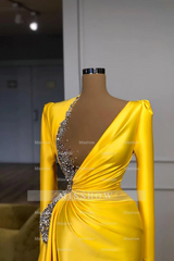 Sexy Long Yellow V-neck Sequined Split Prom Dress With Long Sleeves