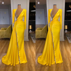 Sexy Long Yellow V-neck Sequined Split Prom Dress With Long Sleeves