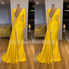 Sexy Long Yellow V-neck Sequined Split Prom Dress With Long Sleeves