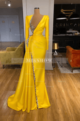 Sexy Long Yellow V-neck Sequined Split Prom Dress With Long Sleeves
