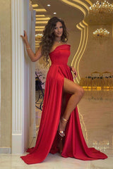 Sexy Off Shoulder Red Satin Evening Dress with Side Split Floor Length Party Dress
