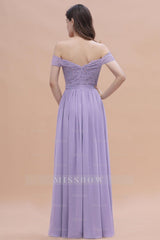 Sexy Off-the-Shoulder Lace Chiffon Ruffles Bridesmaid Dresses with Slit On Sale