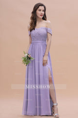 Sexy Off-the-Shoulder Lace Chiffon Ruffles Bridesmaid Dresses with Slit On Sale