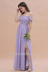 Sexy Off-the-Shoulder Lace Chiffon Ruffles Bridesmaid Dresses with Slit On Sale