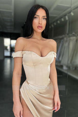 Sexy Off-the-Shoulder Side Slit Satin Long Prom Dress
