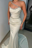 Sexy One-Shoulder Sleeveless Mermaid Long White Prom Dresses-misshow.com