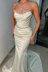 Sexy One-Shoulder Sleeveless Mermaid Long White Prom Dresses