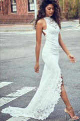 Sexy Pretty Mermaid Jewel Lace Backless With Court Train Beach Elegant Wedding Dresses