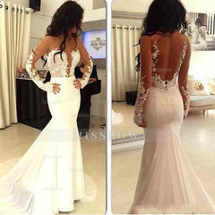 Sexy Pretty Mermaid Open Back Long Sleeve Elegant Wedding Dresses