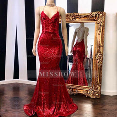 Sexy Red Sequins Spaghetti Straps Mermaid Evening Gowns