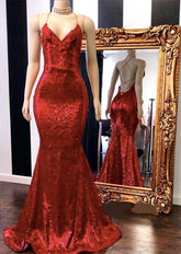 Sexy Red Sequins Spaghetti Straps Mermaid Evening Gowns