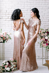 Sexy Sequined Bridesmaid Dresses Rose Gold Long Wedding Guest Dresses