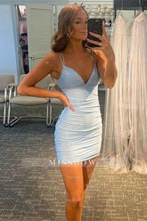 Sexy Sky Blue Spaghetti Straps Sleeveless Short Homecoming Dresses