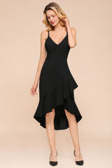 Sexy Spaghetti Straps Sweetheart Slim Hi-Lo Party Dress Vintage Backless Black Prom Dress