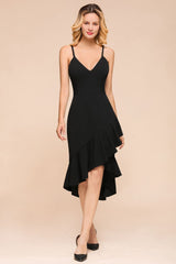 Sexy Spaghetti Straps Sweetheart Slim Hi-Lo Party Dress Vintage Backless Black Prom Dress