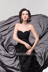 Sexy Strapless Sweetheart Long Black Chiffon Bridesmaid Dresses with Ruffles