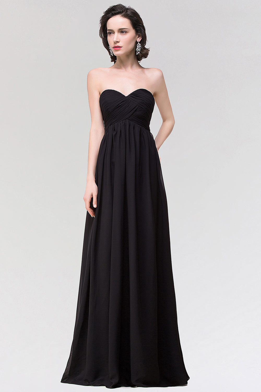 Sexy Strapless Sweetheart Long Black Chiffon Bridesmaid Dresses with Ruffles