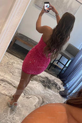Sexy V-neck Fuchsia Backless Sequined Sleeveless Homecoming Dress