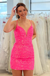 Sexy V-neck Spaghetti Straps Backless Sequined Homecoming Dress