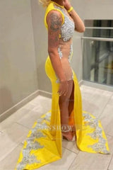 Sexy Yellow Jewel Floor Length Lace Sleeveless Mermaid Prom Dress With Slit