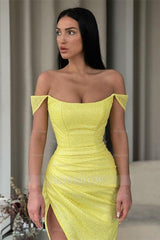 Sexy Yellow Off-the-shoulder Long Prom Dress With Slit