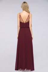 Shapghetti Burgundy Bridesmaid Dress Backless Chiffon Wedding Guest Dress