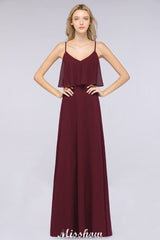 Shapghetti Burgundy Bridesmaid Dress Backless Chiffon Wedding Guest Dress