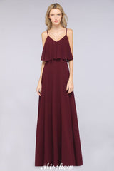 Shapghetti Burgundy Bridesmaid Dress Backless Chiffon Wedding Guest Dress