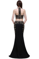 Sheath Crystal Halter Black Two Pieces Prom Dresses
